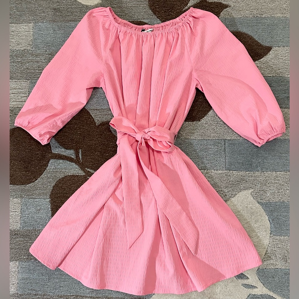 Elizabeth & James On/Off Shoulder Uptown Dayglow Peasant Belted Shift Dress Pink - Picture 2 of 10